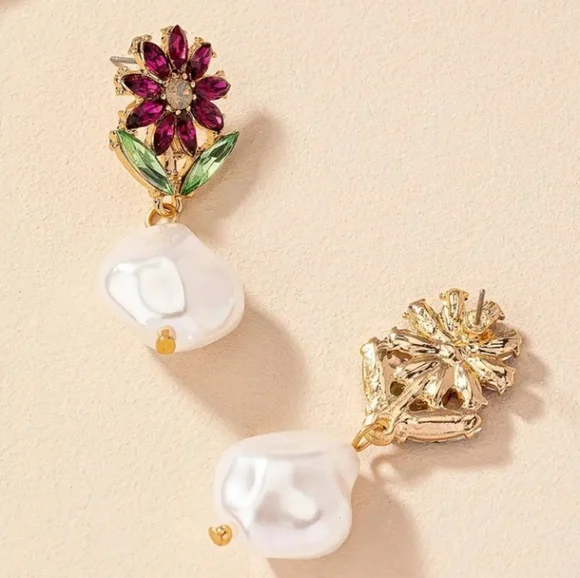 New Floral Gemstone and Faux Pearl Drop Earrings - Picture 3 of 6